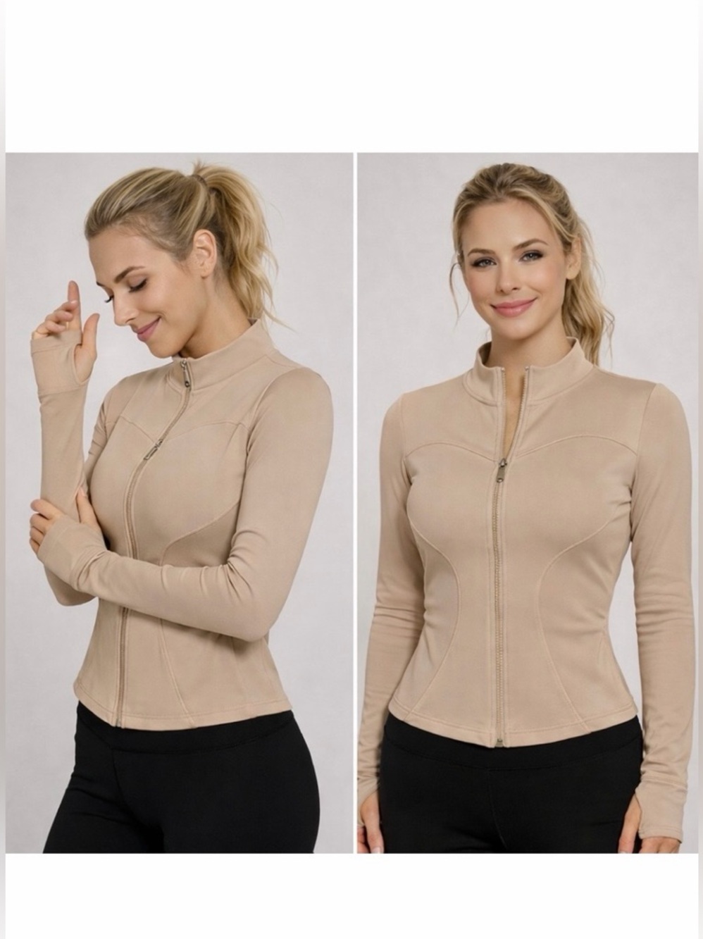 NWOT Women's Beige Zip-Up Utility Jacket with Thumbhole Cuffs